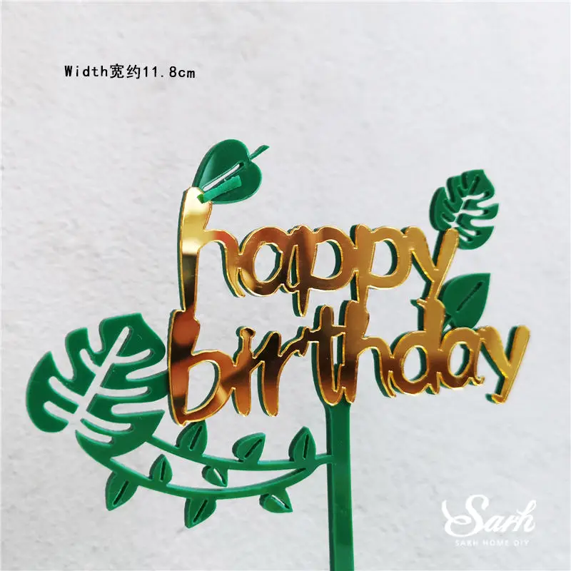 Leavf birthday Panda bamboo Cake Topper Happy Birthday Turtle leaf Clay Decoration for Children's Boy Girl Party Supplies Baking Lovely Gifts - Цвет: Leavf birthday