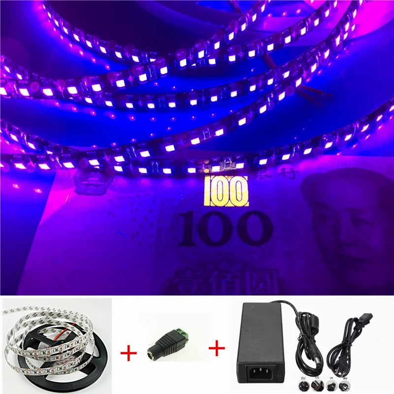 

DC12V 5050 SMD Purple Violet UV 395-405nm Flexible LED Strip black light Waterproof tape ribbon lamp IP65/non + power adapter