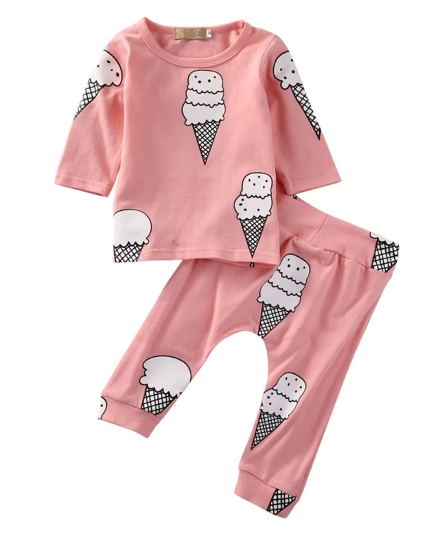 2pcs Lovely Toddler Kids Baby Girls Outfit Sets Icecream Print Long