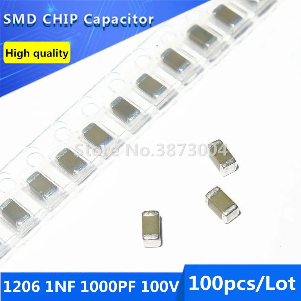 

100pcs 1206 1NF 1000PF 100V Thick Film Chip Multilayer Ceramic Capacitor