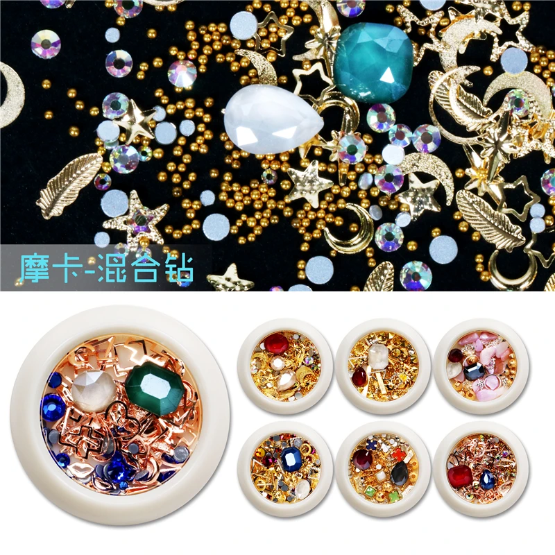

1 Box Mixed Clear Crystal Gold Caviar Beads Metal Rivets Studs Pearls Opal Rhinestones Glitter Nail Art Decorations For DIY