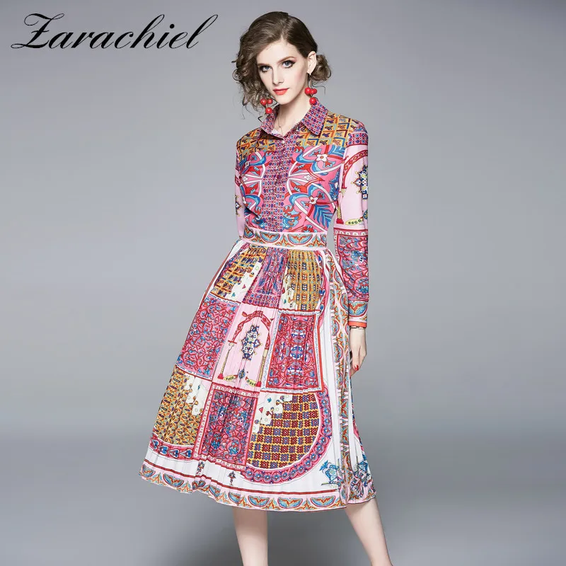 

New Fashion Autumn Dresses Women's Long Sleeve Vintage Pattern Print Turn-Down Collar High Waist Pleated Midi Dresses With Belt