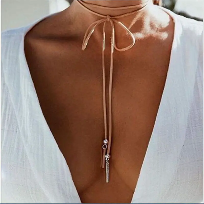

Hot Sale simple stainless steel pendant khaki Bow tie long rope chain necklace for woman gift jewelry DIY Accessories Gifts x150