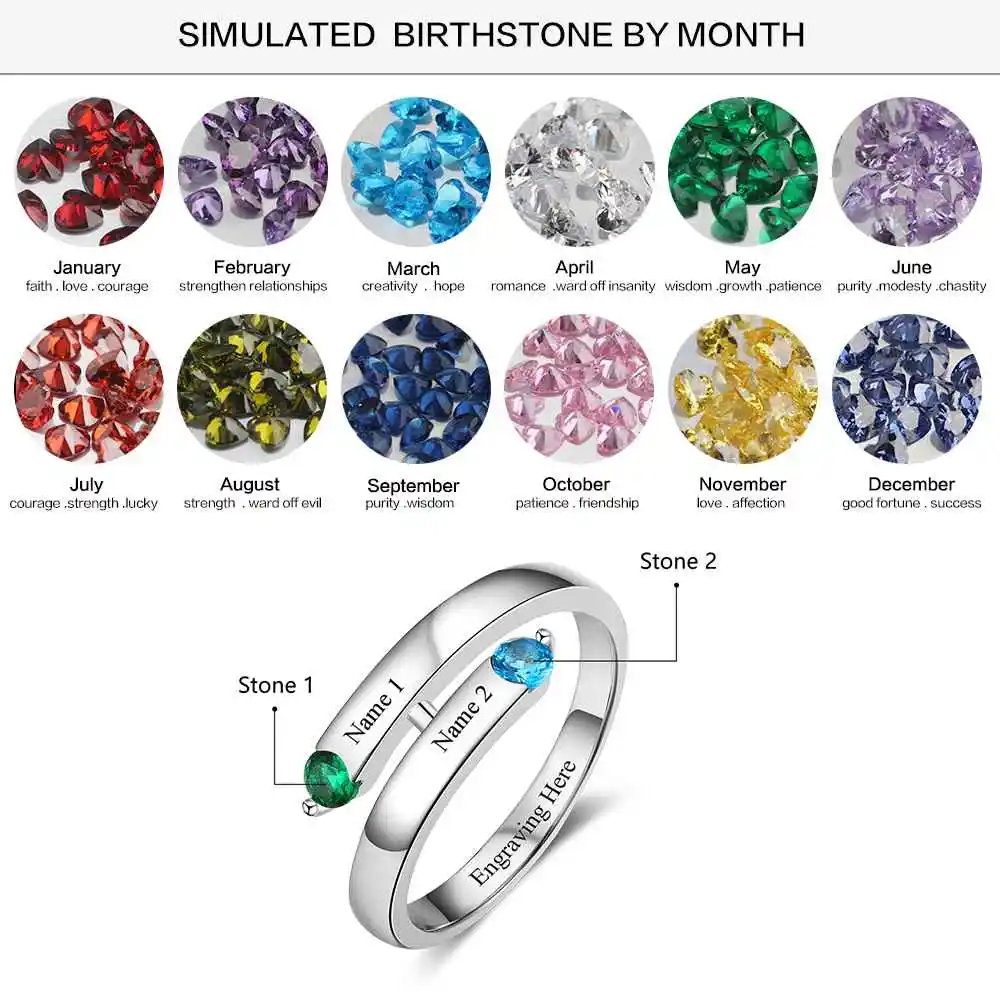 Personalized Gift Custom Engrave 2 Names & Birthstone Promise Ring 925 Sterling Silver Anniversary Jewelry (JewelOra RI103272)