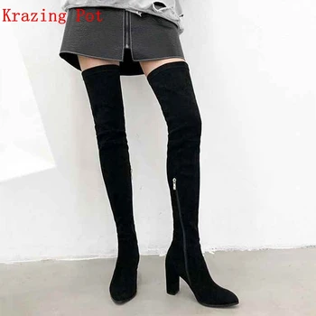 

Krazing Pot flock pointed toe high heels streetwear solid gladiator European big size Winter stretch over-the-knee boots L6f1