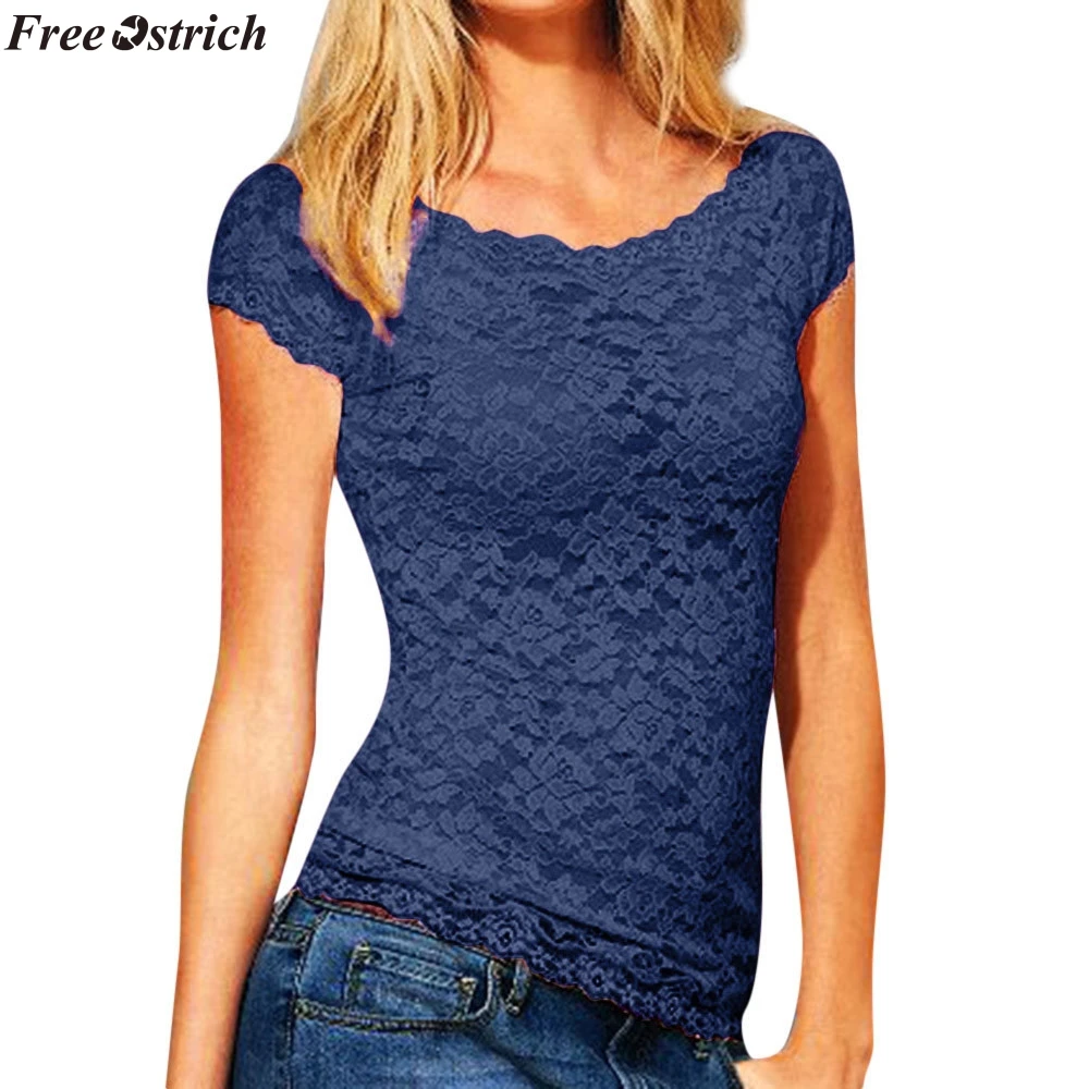 

FREE OSTRICH women's fashion lace transparent O-neck short-sleeved T-shirt Ladies solid color eT shirt tops summer plus size