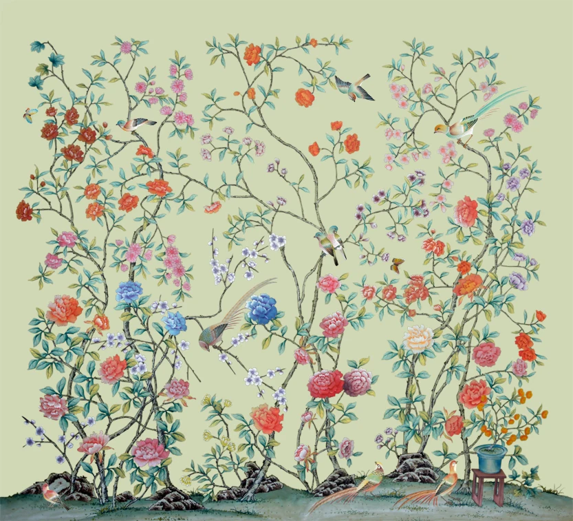 

Classic style elegant Hand-painted silk wallpaper painting flowers with birds wallcovering many patterns and background optional