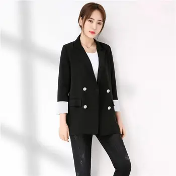 

2019 Spring Autumn New Korean Loose Women's Suit Jacket Double Breasted Black Casual Large Size Female Long Blazers LQ691
