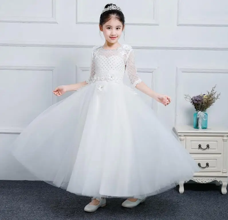 

Flower Girl Dresses With Bow Beaded Lace Applique Ball Gown First Communion Dress for Girls Customized Christmas Dress