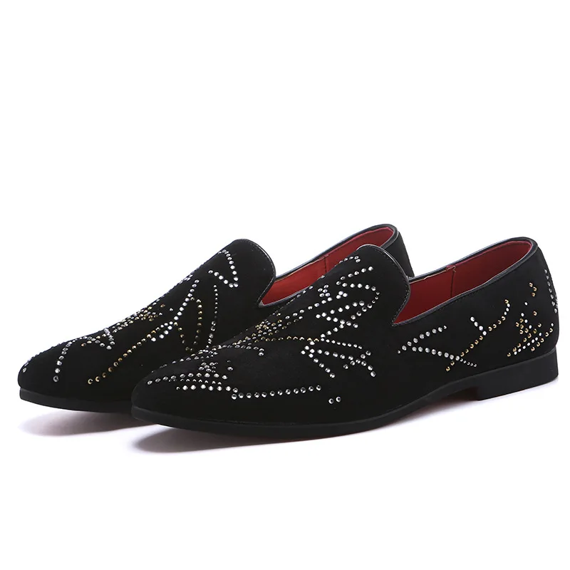 

Big size 37-48 New Men loafers Black Diamond Rhinestones Spiked Loafers Rivets shoes Red Bottom Wedding Party Shoes
