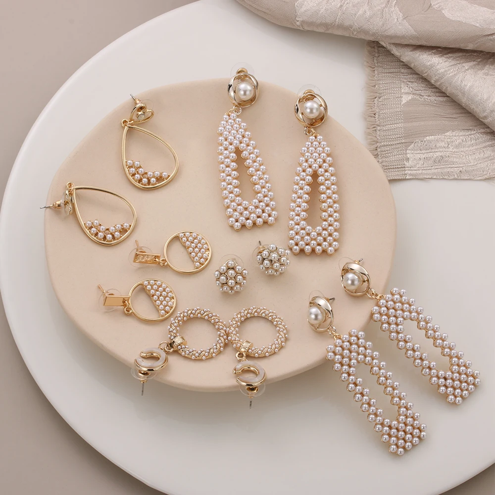 

2019 New Earrings Women Trendy Geometry Round Square Imitation Pearl Dangle Drop Earrings Jewelry for Ladies Girls Party Gift