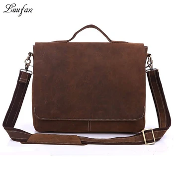 

Men's Crazy horse leather briefcase fit 15" Laptop vintage genuine leather handbag leather business bag Brown work tote