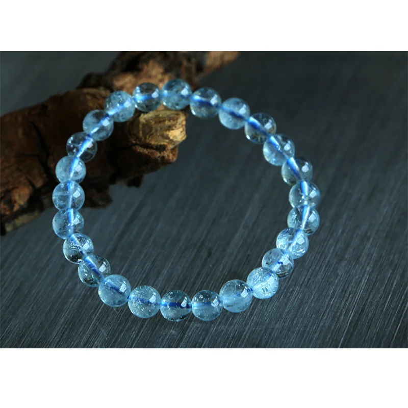 EvaDane Natural Aquamarine Beryl Gemstone Tibetan Bead Alphabet Letter E Charm Stretch Bracelet