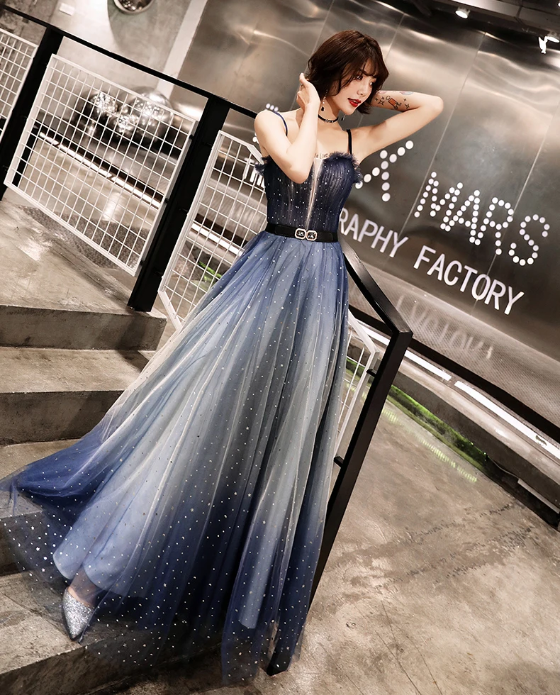 YIDINGZS темно-синяя плиссированная юбка из тюля длинное вечернее платье на бретелях элегантное вечернее платье с поясом