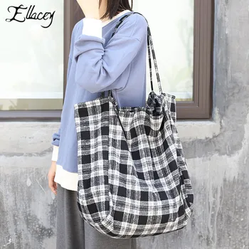 

New Women Plaid Canvas Tote Bags Handbag Fashion School Bags For Teenage Girls Large Capacity Travel Shoulder Bag Shopping Bag