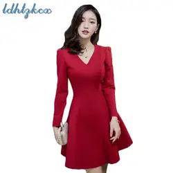 Платье Для женщин Красный 4XL плюс Размеры Sexy V шеи тонкий Мини-платья 2019 Новинка весны корейский черный длинный рукав элегантное платье со