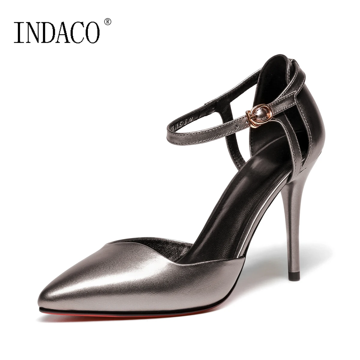 

Spring Genuine Leather High Heel Pumps Pointed Toe Two Piece Hollow Out Ankle Strap Red Bottoms for Women Heels 9cm