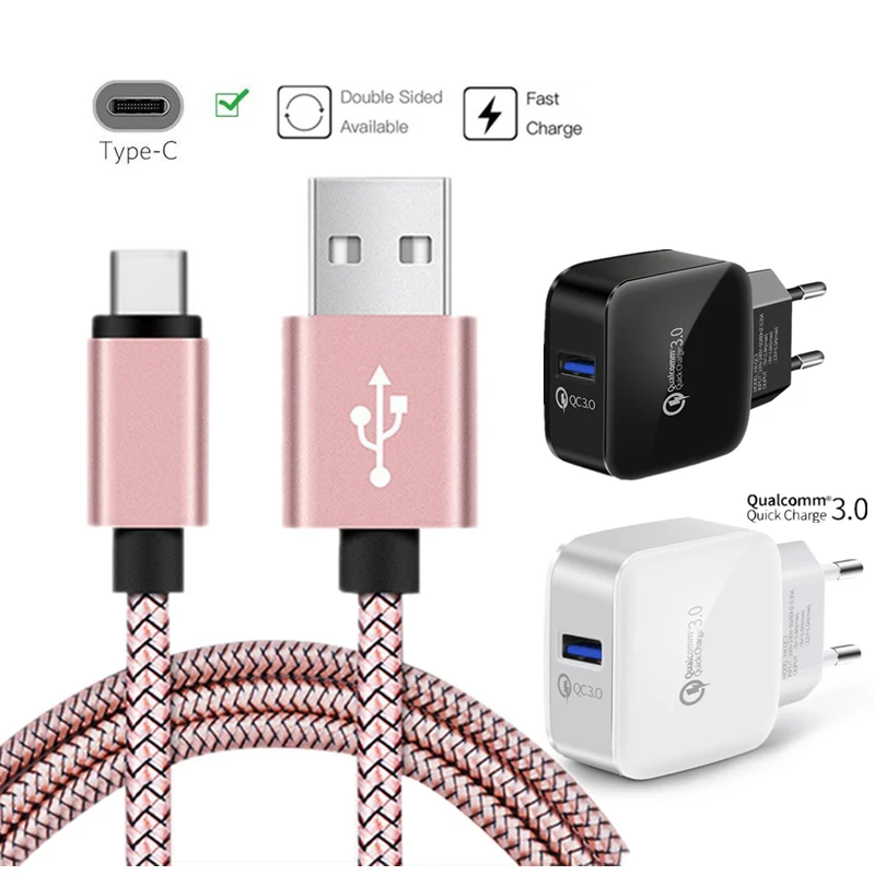 QC3.0 зарядка 18 Вт Быстрое Зарядное устройство USB+ 0,25 м 1 м 2 м розовое золото/розовый USB C type C зарядный кабель для huawei P20 P30 Pro Lite samsung S10