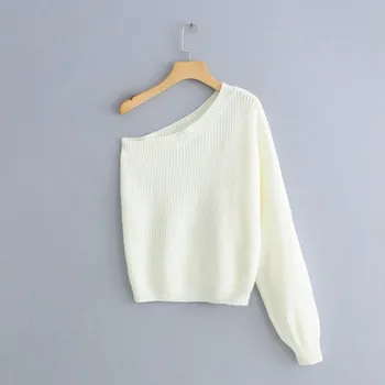 

Hot Sale Ladies Spring One Shoulder White Sweater Solid Women Casual Slash Neck Thin Knitted Pullovers