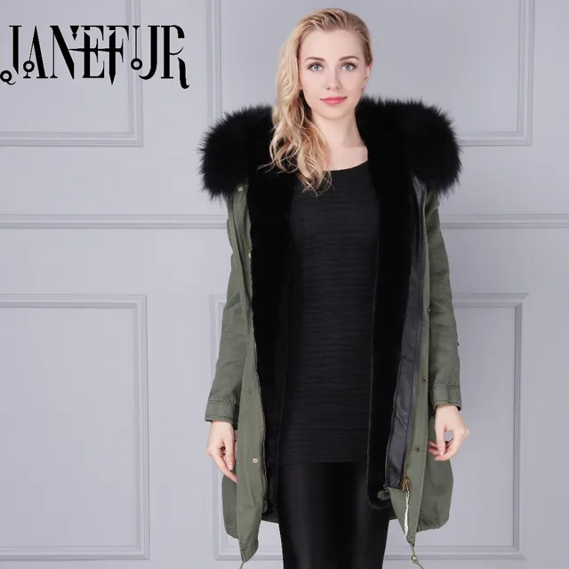 Best price at $185 Cheap Womens Famous Brand Genuine Faux Fur Lining Hood Parka Jacket Woman Green Army Raccoon Fur Hooded Lined Warm Parkas Coat Tops