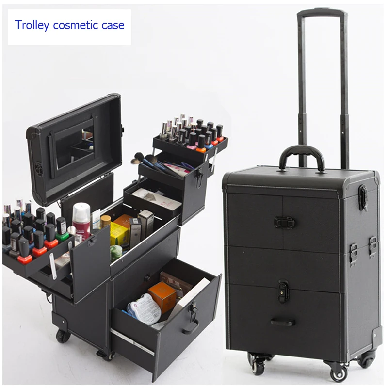 

Woman Trolley Cosmetic case Nails Makeup Toolbox,Multi-layer Trolley Case ,PVC Beauty Box Travel Rolling Luggage Suitcase wheel