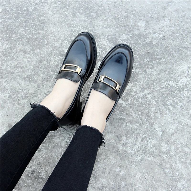 Baimier/черные женские туфли-оксфорды из натуральной кожи в стиле ретро; повседневные плоские женские туфли без каблуков; коллекция года; Модные женские оксфорды с металлической пряжкой
