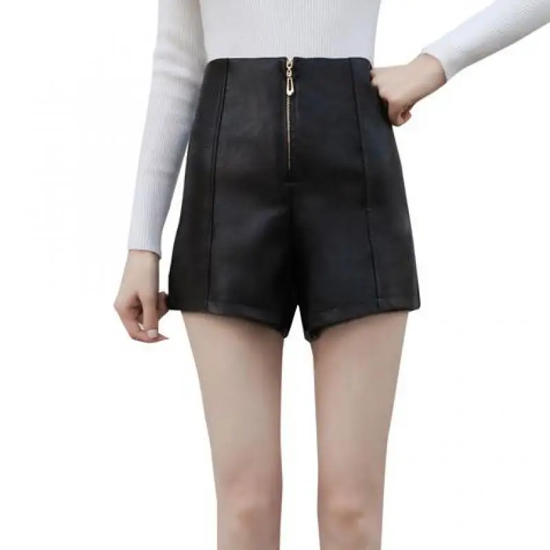 Women Fashion Pu Zipper Shorts 2017 New Autumn Style Casual Black Pu
