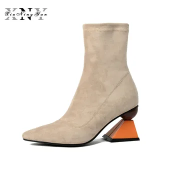 

XiuNingYan Woman Boots Female Fashion Stretch Fabric Pointed Toe Ankle Boots Ankle Boots Women Pumps Ladies Sexy Shoes Women