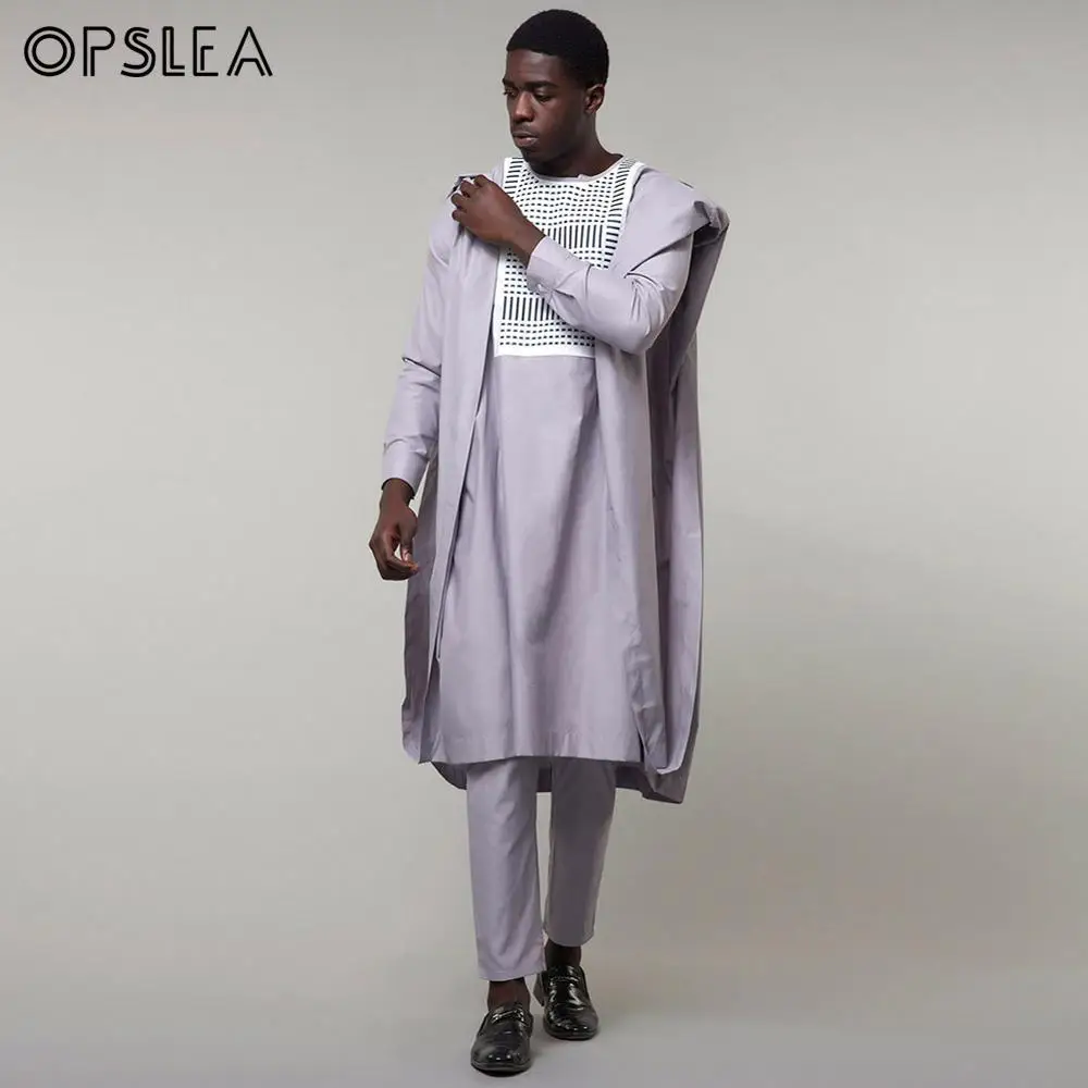 Opslea Agbada Африканский для мужчин размера плюс Вышивка Топы Брюки Наряд Базен Riche 3 шт. костюмы Дашики Африка традиционная серая одежда