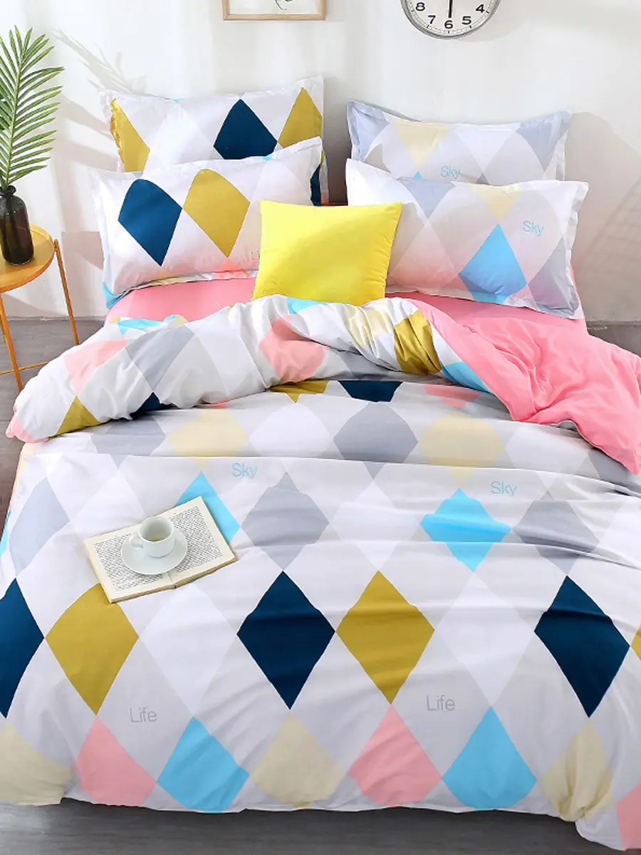 

3/4Pcs Colorful Geometry Pattern Duvet Cover Fitted Sheet And Pillowcases Set