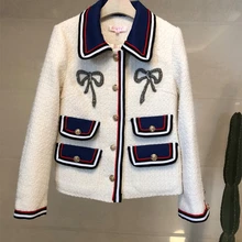 Для женщин бренд Стиль короткая куртка пальто бантом Дизайн двойные большие карманы Для женщин Красивые Цвет контрастные твидовые жакеты