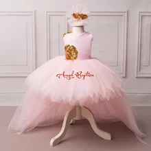 Великолепное розовое платье с цветочным узором для девочек, с золотыми блестками, с v-образным вырезом на спине, с длинным шлейфом, пышные фатиновые платья для дня рождения для малышей