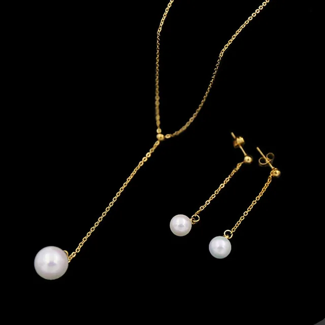 Elegant Single Pearl Type Stainless Steel Necklace And Drop Earrings Elegant Single Pearl Type Stainless Steel Necklace And Drop Earrings Jewelry Set For Women