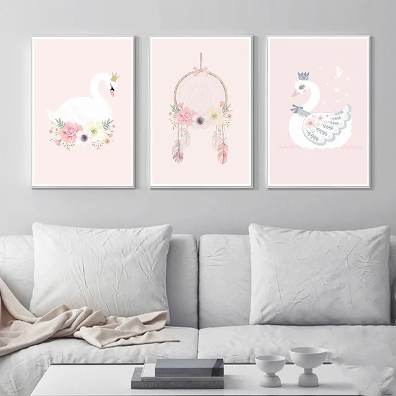 Nordic-Decoration-Kids-Room-Posters-And-Prints-Pink-Wall-Art-Canvas-Painting-Swan-Canvas-Art-Wall