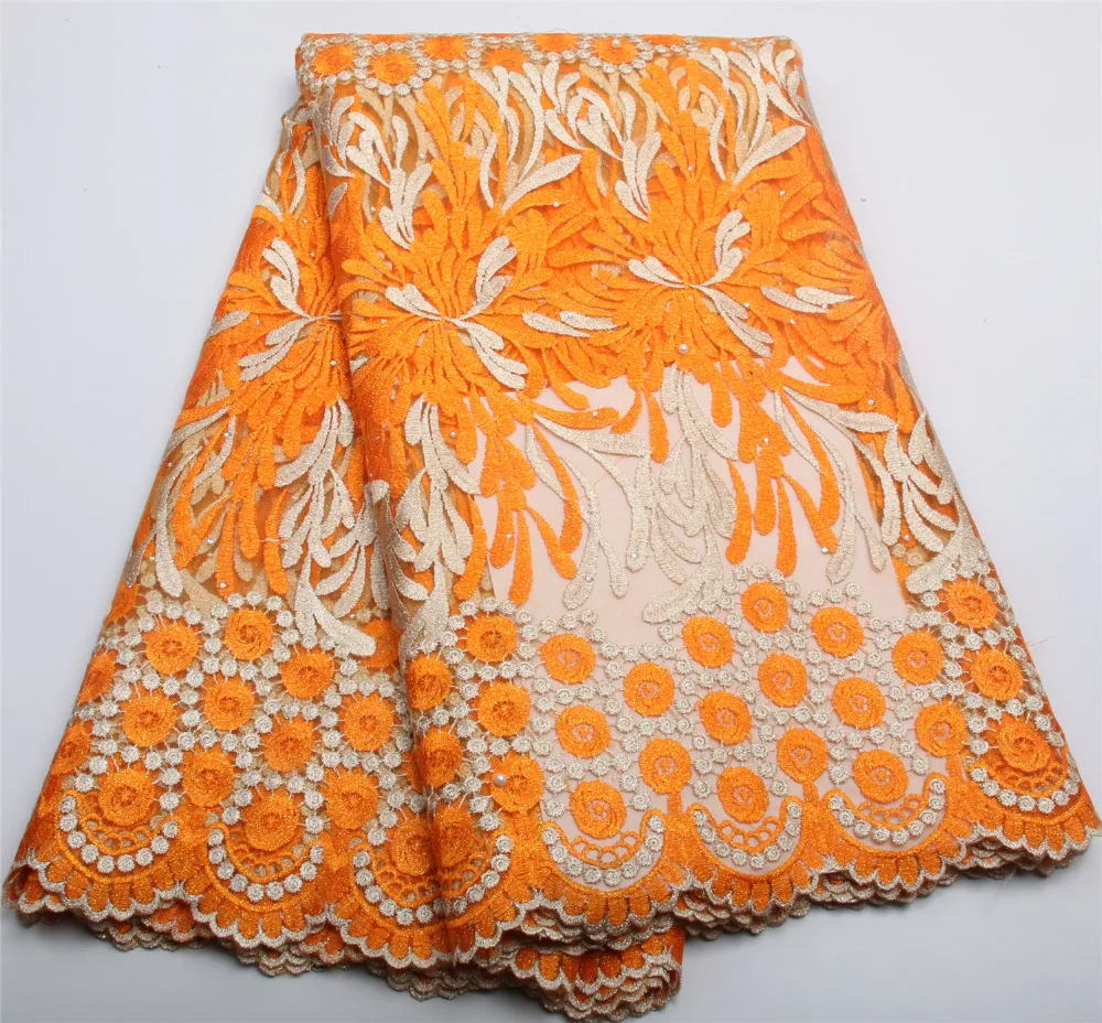 Orange Beads African French Lace Fabric High Quality 2017