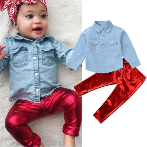 Newborn Infant Baby Girls Tops Denim Shirt Blouse Long Pants Outfits