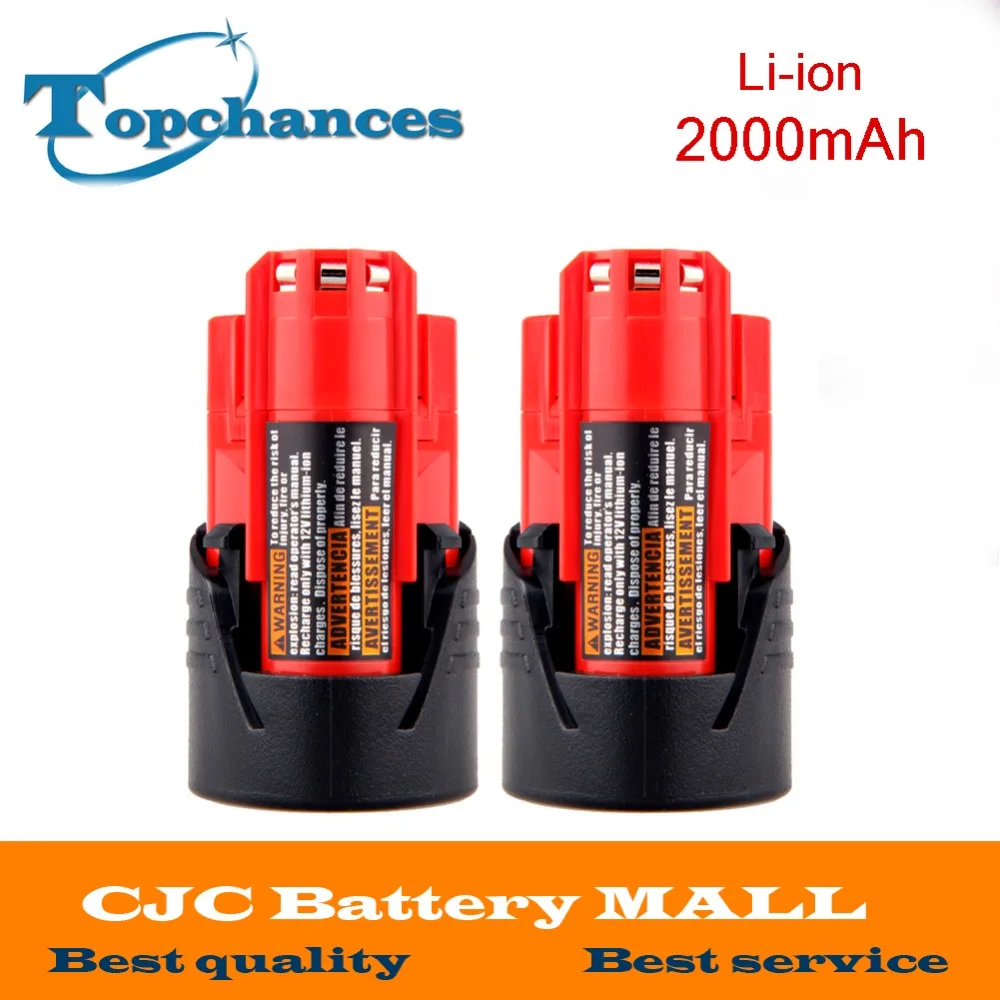 High Quality 2PCS 12V 2000mAh Li Ion Replacement Power Tool Battery for Milwaukee M12 C12 BX