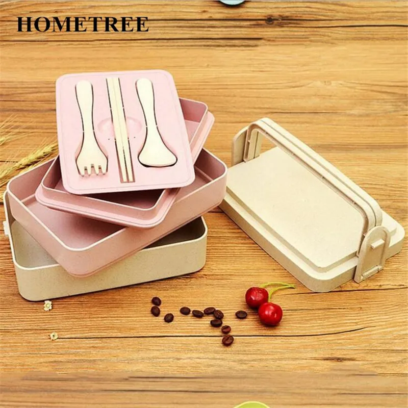 

HOMETREE New Creative Cartoon Healthy Wheat Three layers Straw Box Lunch Boxes Food Container Dinnerware Lunchbox Cutlery H451