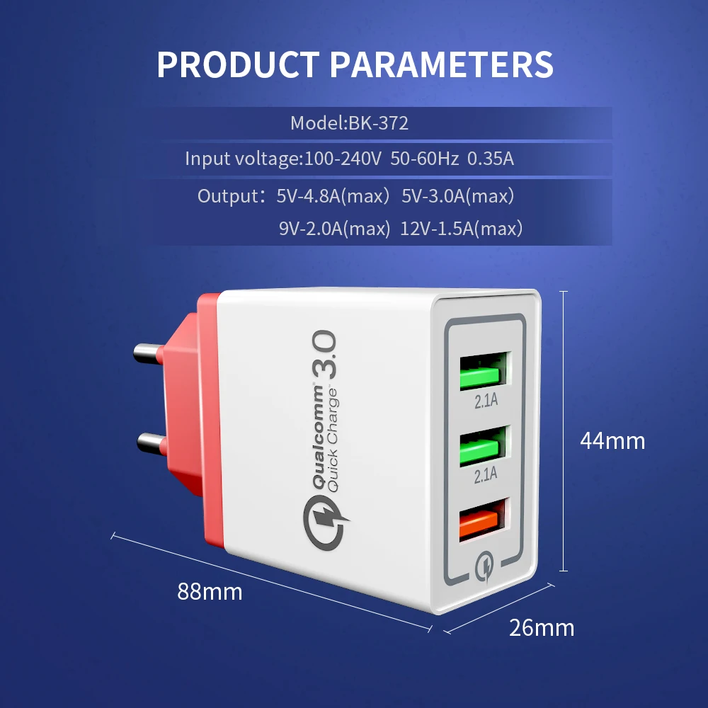 18 Вт USB зарядное устройство Quick Charge 3,0 5 в 3 А EU US Разъем для iPhone X 8 7 3 порта быстрое настенное зарядное устройство для samsung s8 s9 s10 huawei P20 30