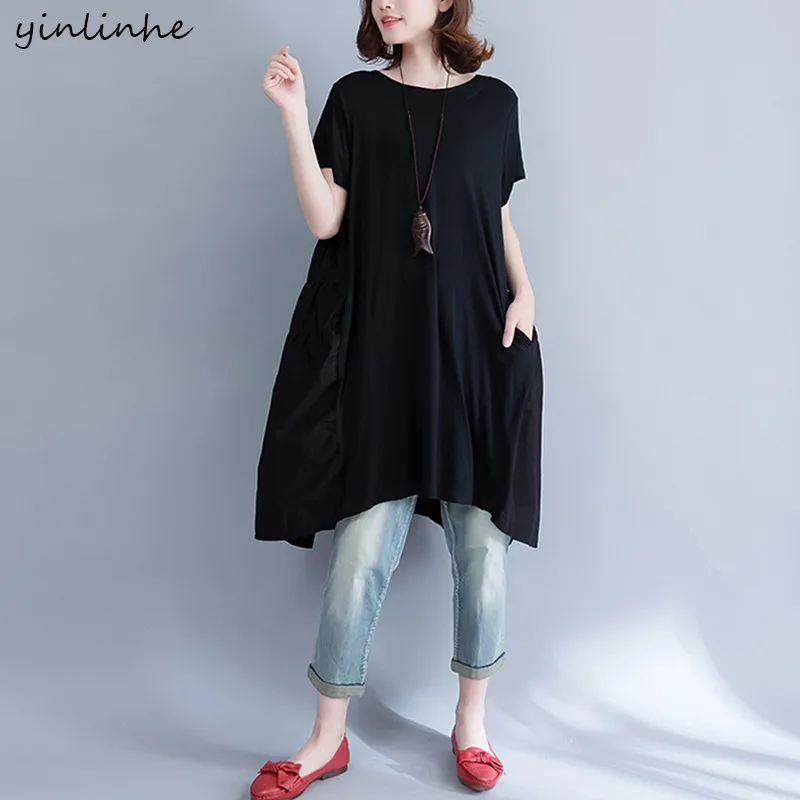 Yinlinhe за размер 5xl женщины свободный черный dress лето модальные лоскутная твердые