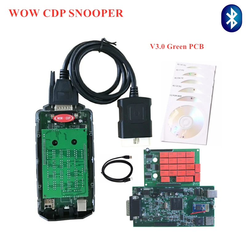 

Best quality wow cdp snooper R5.008 with keygen Gift ! green V3.0 PCB board with bluetooth Scanner for car truck Diagnostic tool
