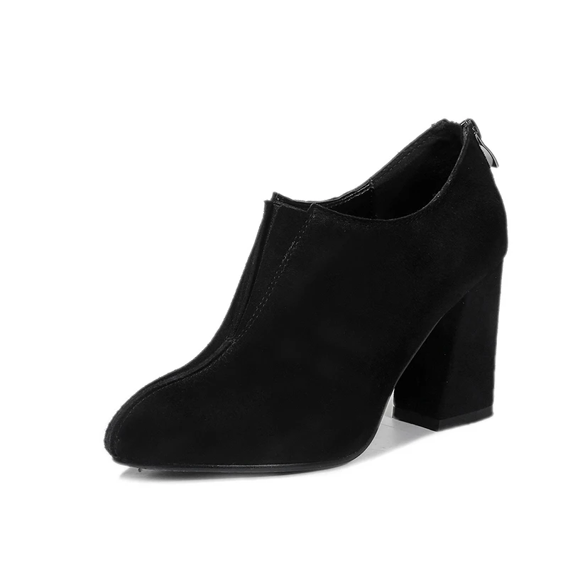 

2018 new sexy fashion leather cow suede deep mouth single shoes high heel thick with pointed women's shoes.
