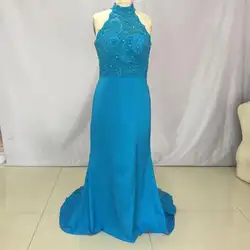 Лидер продаж Мода Холтер Шармез Аппликация отделка бисером на заказ реальное изображение голубое платье для подружки невесты