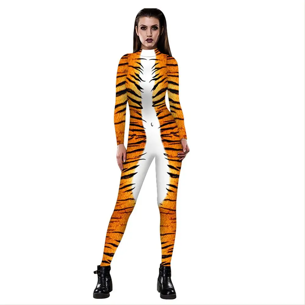 

Funny Long Bodysuit Bohemian Women Tiger Jumpsuits Comic Romper One Piece Zipper Halloween Costume