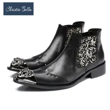 Christia Bella/новая зимняя обувь пояса из натуральной кожи для мужчин острый носок металлический наконечник Мужские модельные ботинк