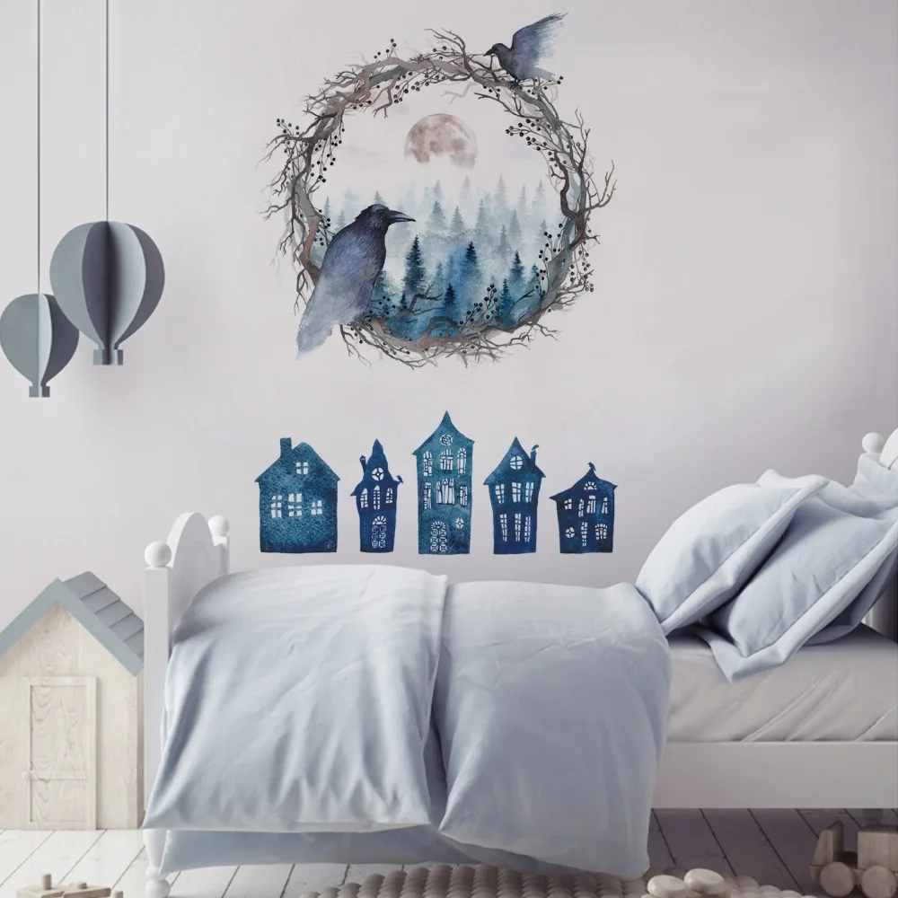 

Halloween home decor blue haunted house forest ghost bird wall sticker bedroom living room wall decoration self-adhesive decals