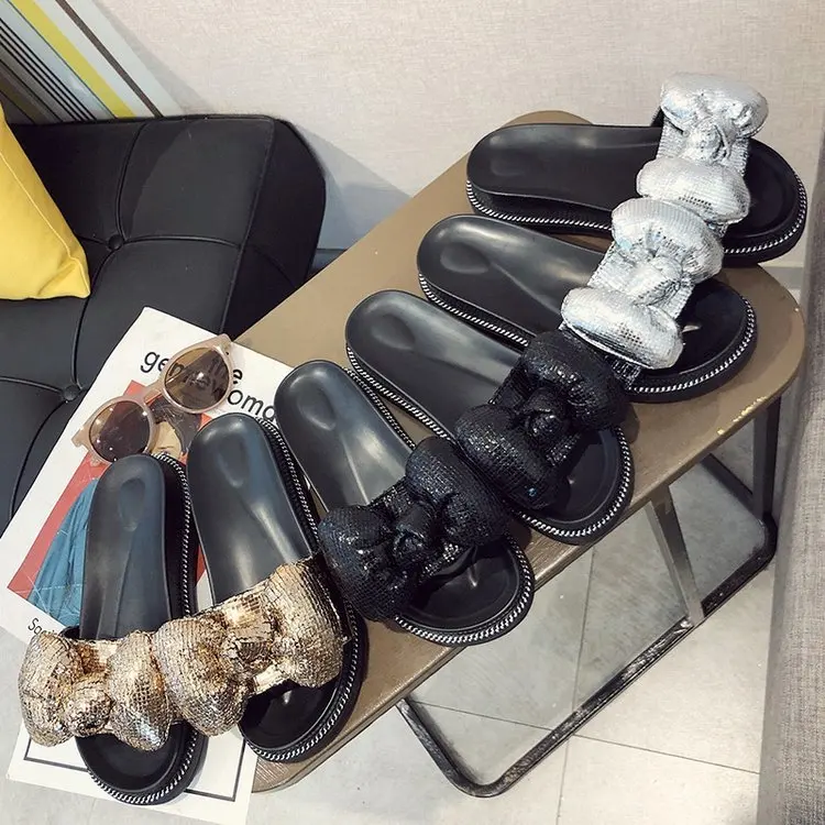 

35-40 Woman Sandals Cute Bow Shiny Home Summer Female Indoor Outdoor Beach Ladies Slip-on House Non-Slip Platform Slippers