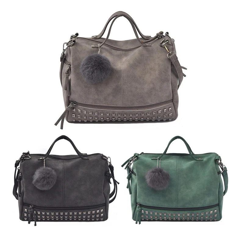 Women Shoulder Bag PU Leather Vintage Female Top-handle Bags Rivet Design Large Ladies Pompon Handbags Girls Bags Bolsa SS0344 (4)