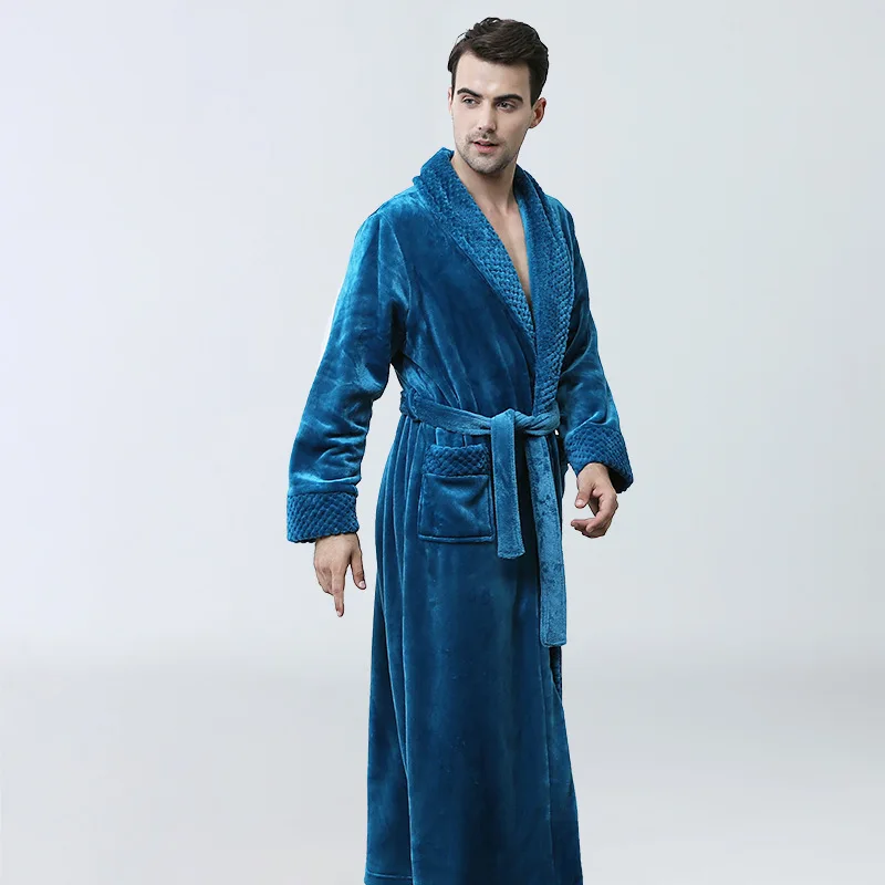 Фланелевый Халат больших размеров для влюбленных удлиненный теплый банный халат для мужчин и женщин толстый зимний банный халат-кимоно мужские халаты - Цвет: Blue men robe