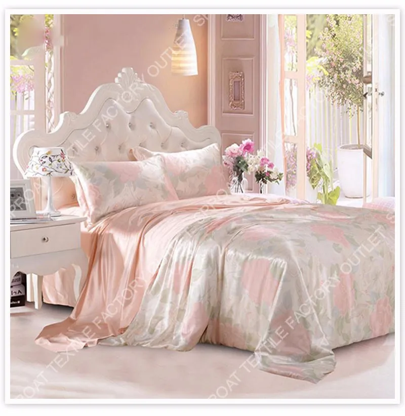 Luxury Pink Floral Print 19mm Natural Silk Bedding Sets Duvet